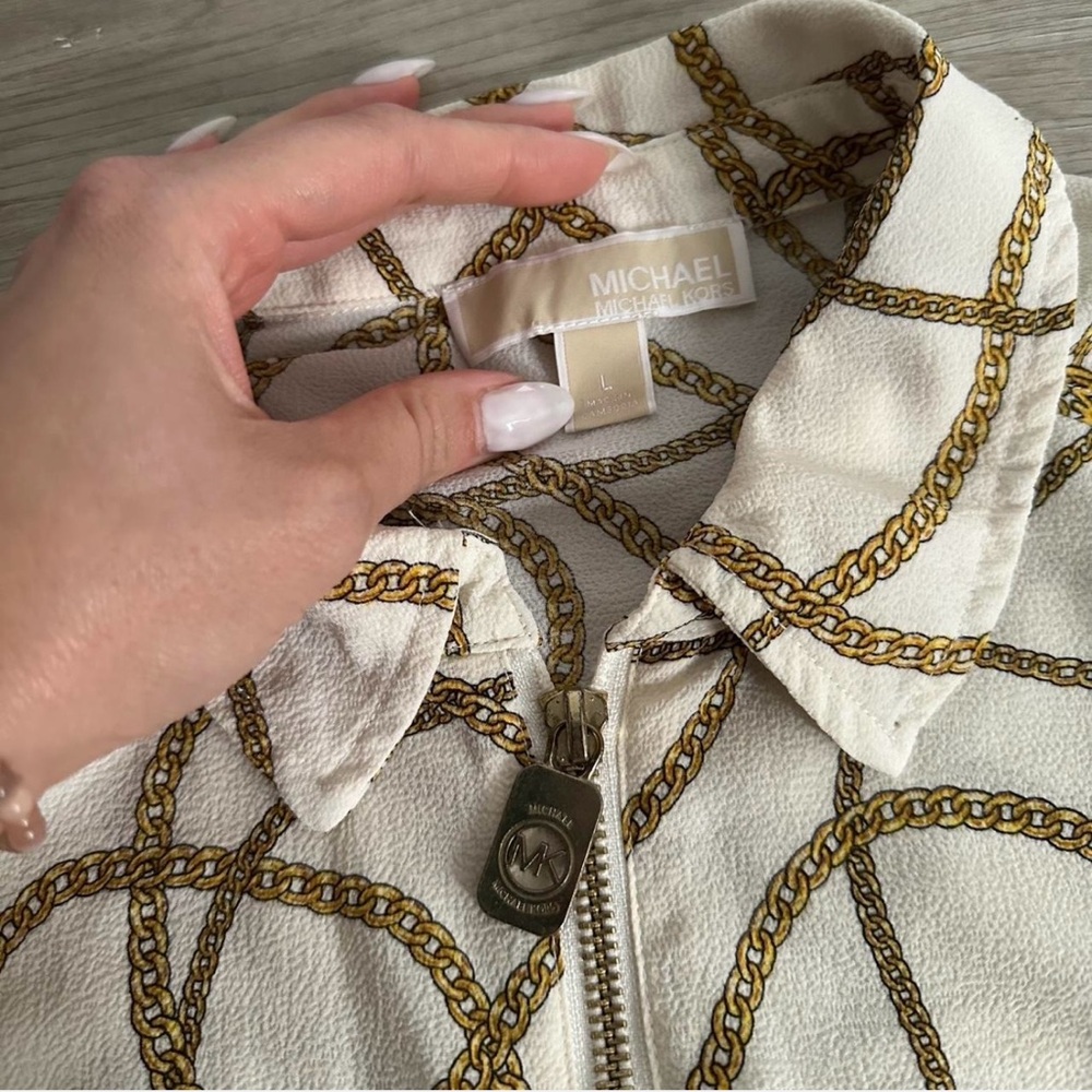 Michael Kors Gold Chain Print Zip Blouse White Long Sleeve Top, Size L - Picture 5 of 7